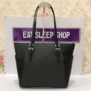 MICHAEL KORS CHARLOTTE LARGE TOP ZIP TOTE IN SIGNATURE BLACK (6111955091643)