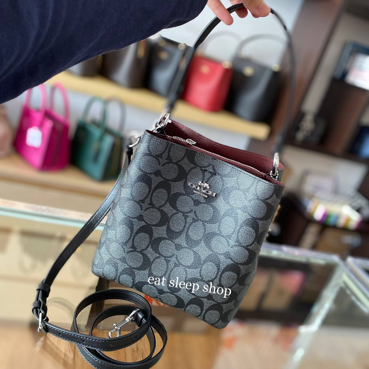 Coach Small Town Bucket Bag in Graphite/Wine/Black (2312) RM850 Signature  coated canvas and smooth leather Center zip compartment Snap closure  Handle, By Usaloveshoppe