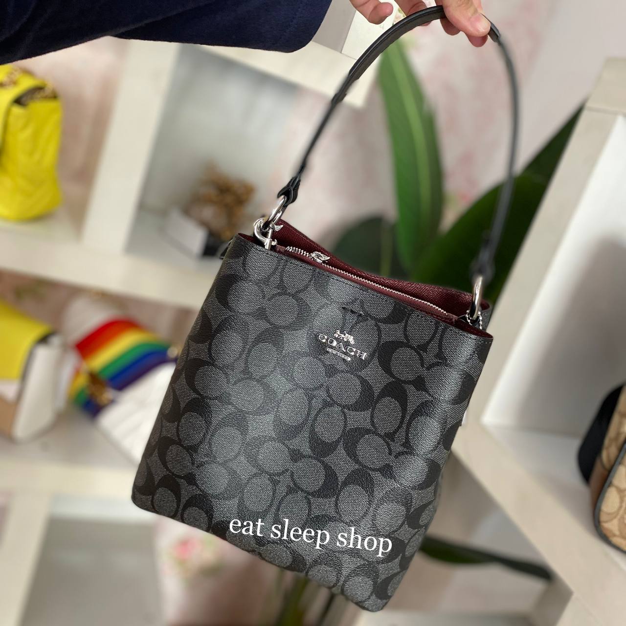 Coach Small Town Bucket Bag in Graphite/Wine/Black (2312) RM850 Signature  coated canvas and smooth leather Center zip compartment Snap closure  Handle, By Usaloveshoppe