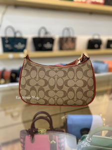 COACH X PEANUTS TERI SHOULDER BAG IN SIGNATURE CANVAS WITH PATCHES E848 IN GOLD/KHAKI/REDWOOD MULTI