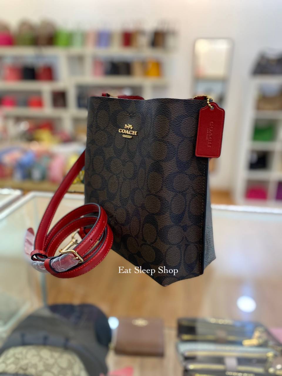 Coach red bucket on sale bag