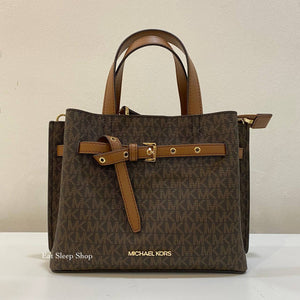 MICHAEL KORS EMILIA SMALL SATCHEL SIGNATURE IN BROWN