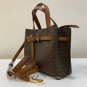 MICHAEL KORS EMILIA SMALL SATCHEL SIGNATURE IN BROWN