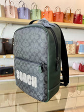Load image into Gallery viewer, COACH WESTWAY BACKPACK IN COLORBLOCK SIGNATURE WITH COACH PATCH CE489 IN CHARCOAL AMAZON GREEN
